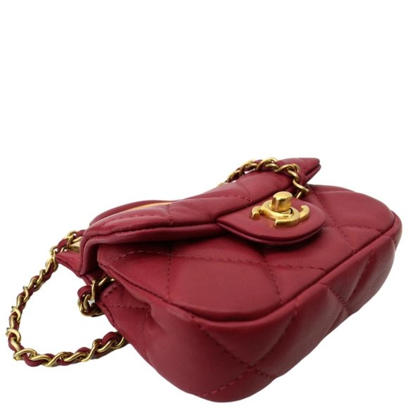 CHANEL Top Handle Flap Card Holder Quilted Leather Chain Shoulder Bag Red - Picture 10 of 14